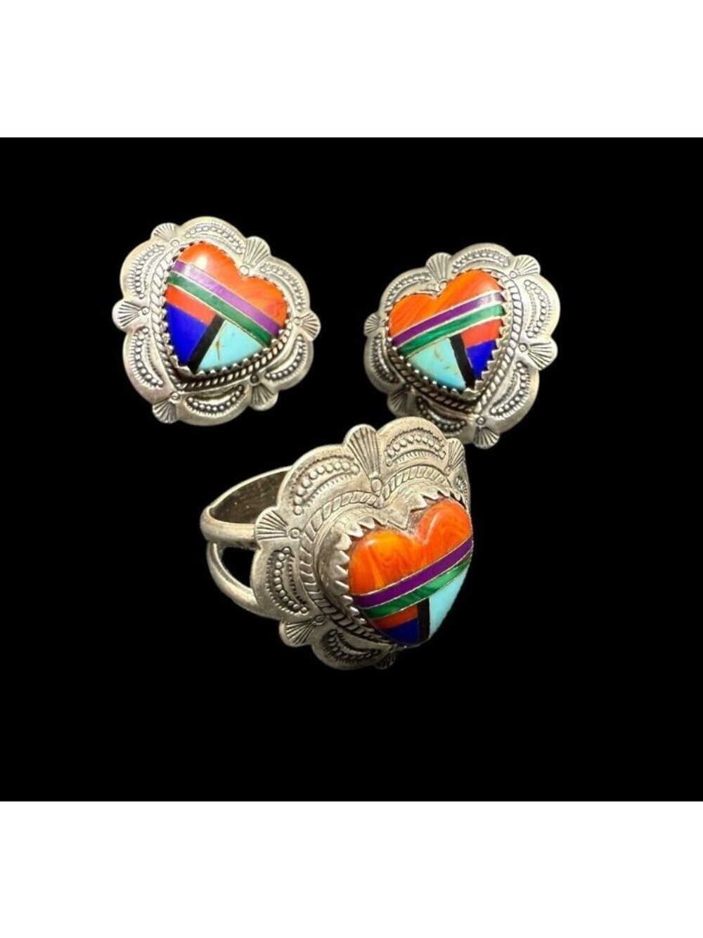 Vintage QT Quoc Sterling Silver Jewelry Set Multi Gemstone Heart Earrings Ring